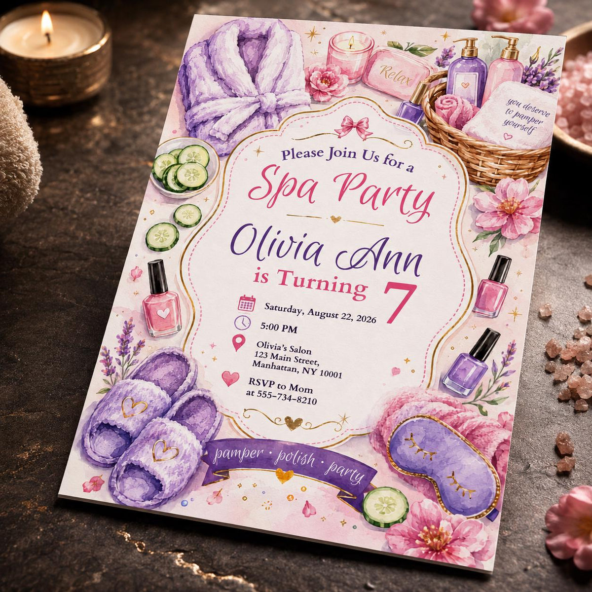 Kids Spa Party Invitation — 7th birthday party stationery by VoltBy