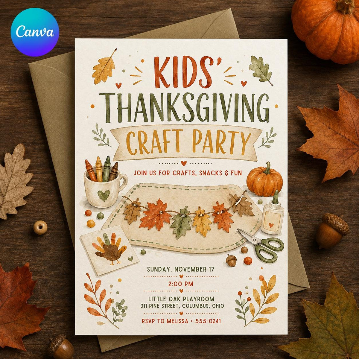 Kids Thanksgiving Craft Party Invitation — editable Canva template