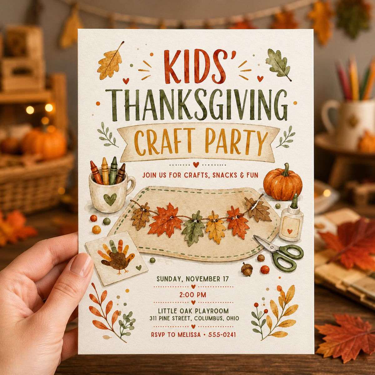 Kids Thanksgiving Craft Party Invitation — print-ready Thanksgiving gathering design from VoltBy