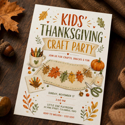 Kids Thanksgiving Craft Party Invitation — Thanksgiving gathering stationery by VoltBy