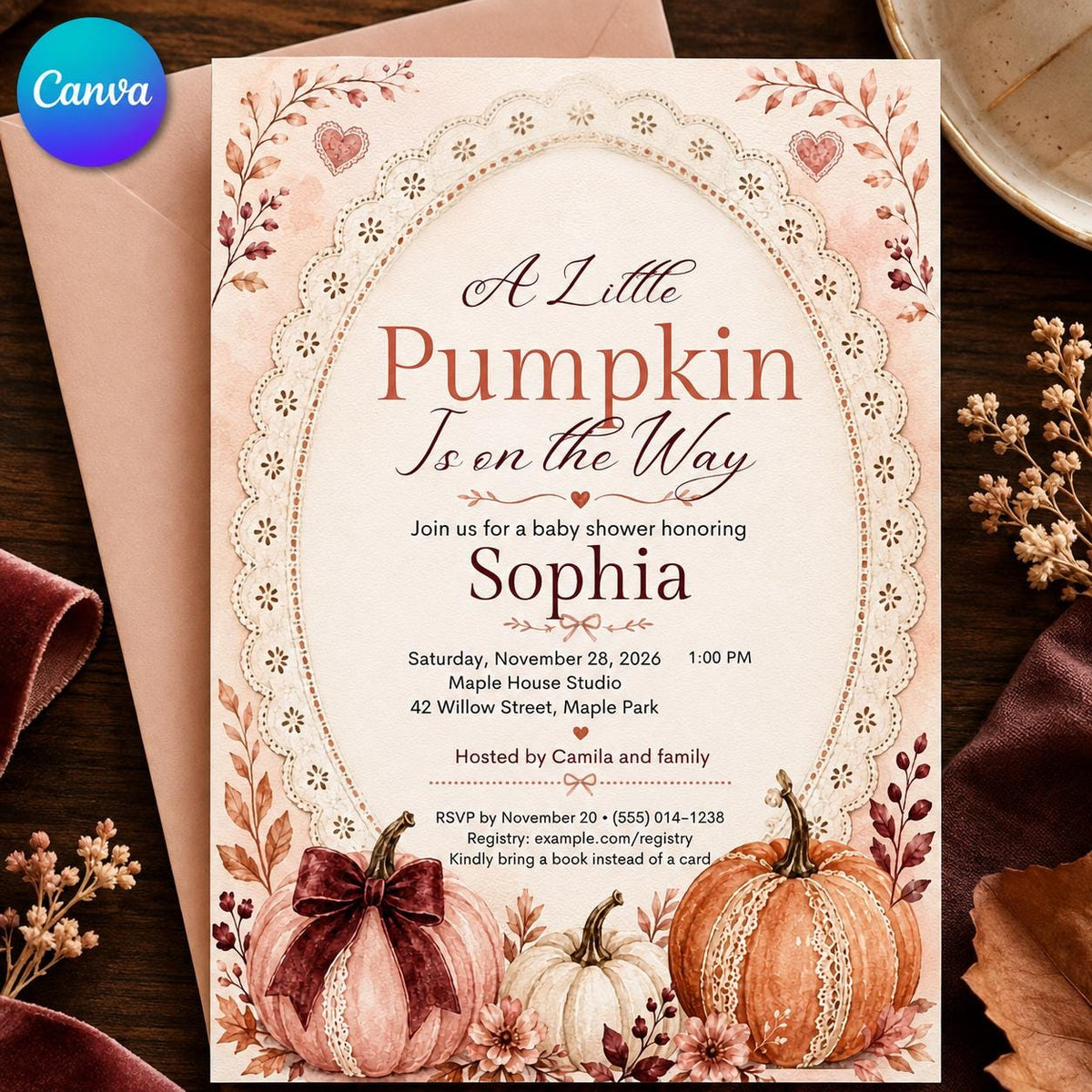 Lace Arch Pumpkin Baby Shower Invitation with Burgundy Bow — editable Canva template