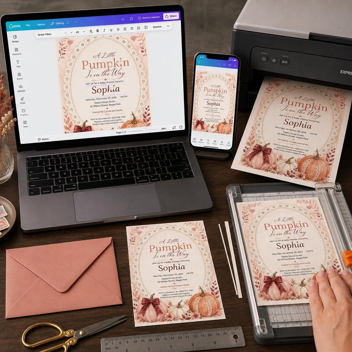 Lace Arch Pumpkin Baby Shower Invitation with Burgundy Bow — invitation you personalize in Canva