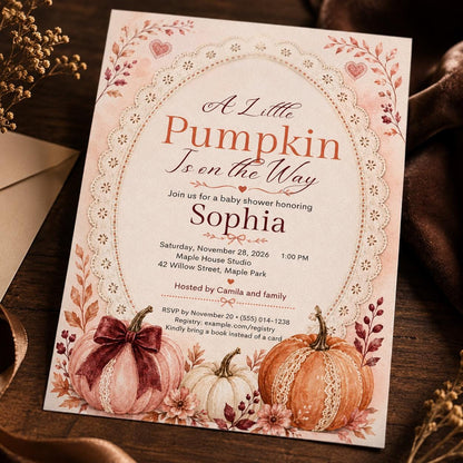 Lace Arch Pumpkin Baby Shower Invitation with Burgundy Bow — print-ready baby shower design from VoltBy