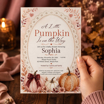 Lace Arch Pumpkin Baby Shower Invitation with Burgundy Bow — baby shower stationery by VoltBy