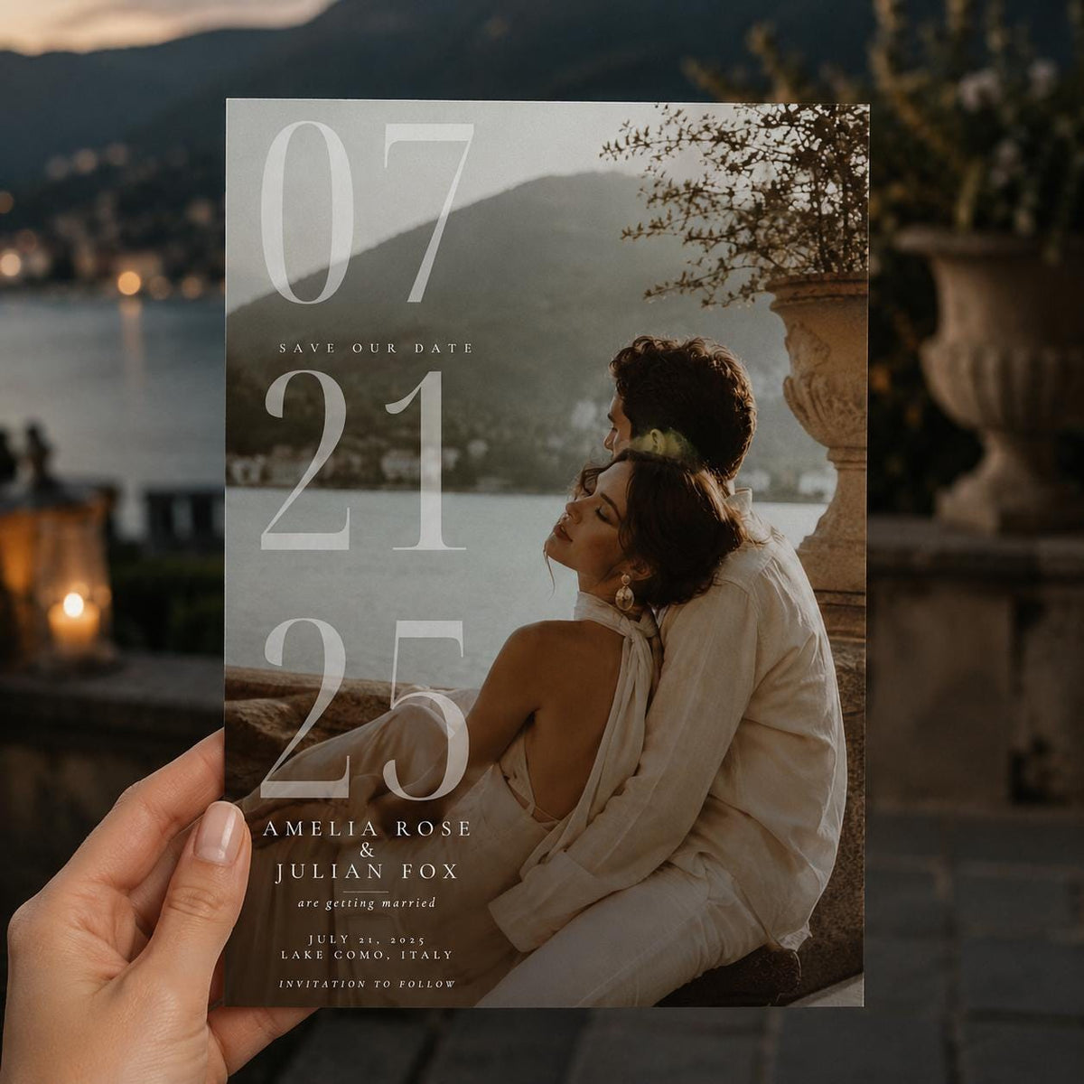 Lake Como Wedding Photo Save the Date — announcement card you personalize in Canva