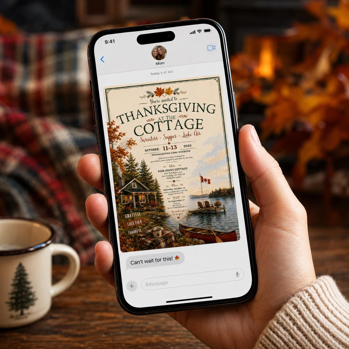 Lake Thanksgiving Cottage Invitation — invitation you personalize in Canva