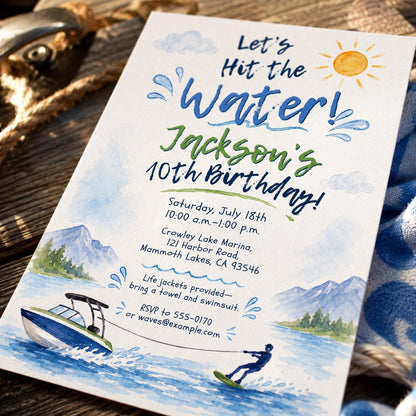 Lake Water Ski 10th Birthday Invitation — print-ready 10th birthday party design from VoltBy
