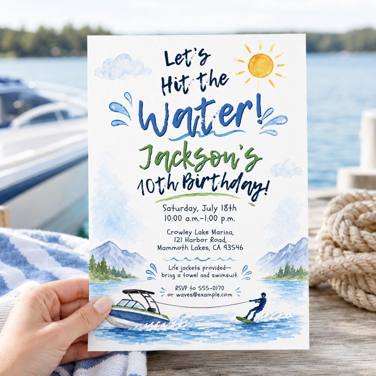 Lake Water Ski 10th Birthday Invitation — 10th birthday party stationery by VoltBy