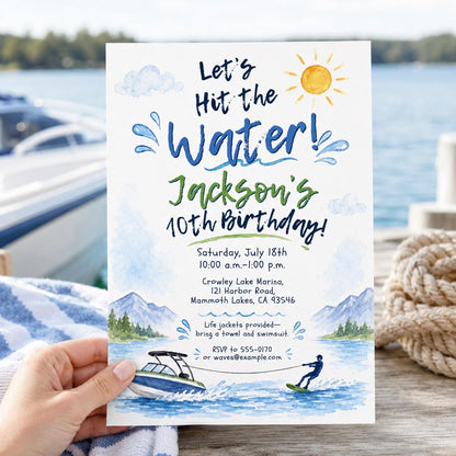 Lake Water Ski 10th Birthday Invitation — 10th birthday party stationery by VoltBy