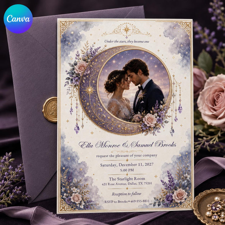 Lavender and Gold Celestial Wedding Invitation