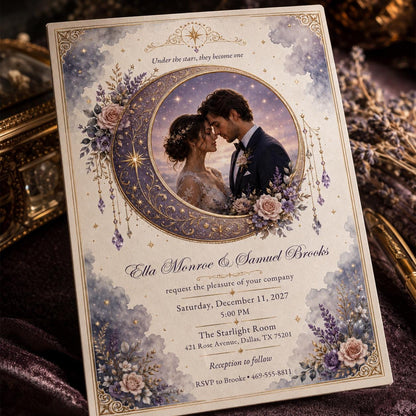 Lavender and Gold Celestial Wedding Invitation — invitation you personalize in Canva