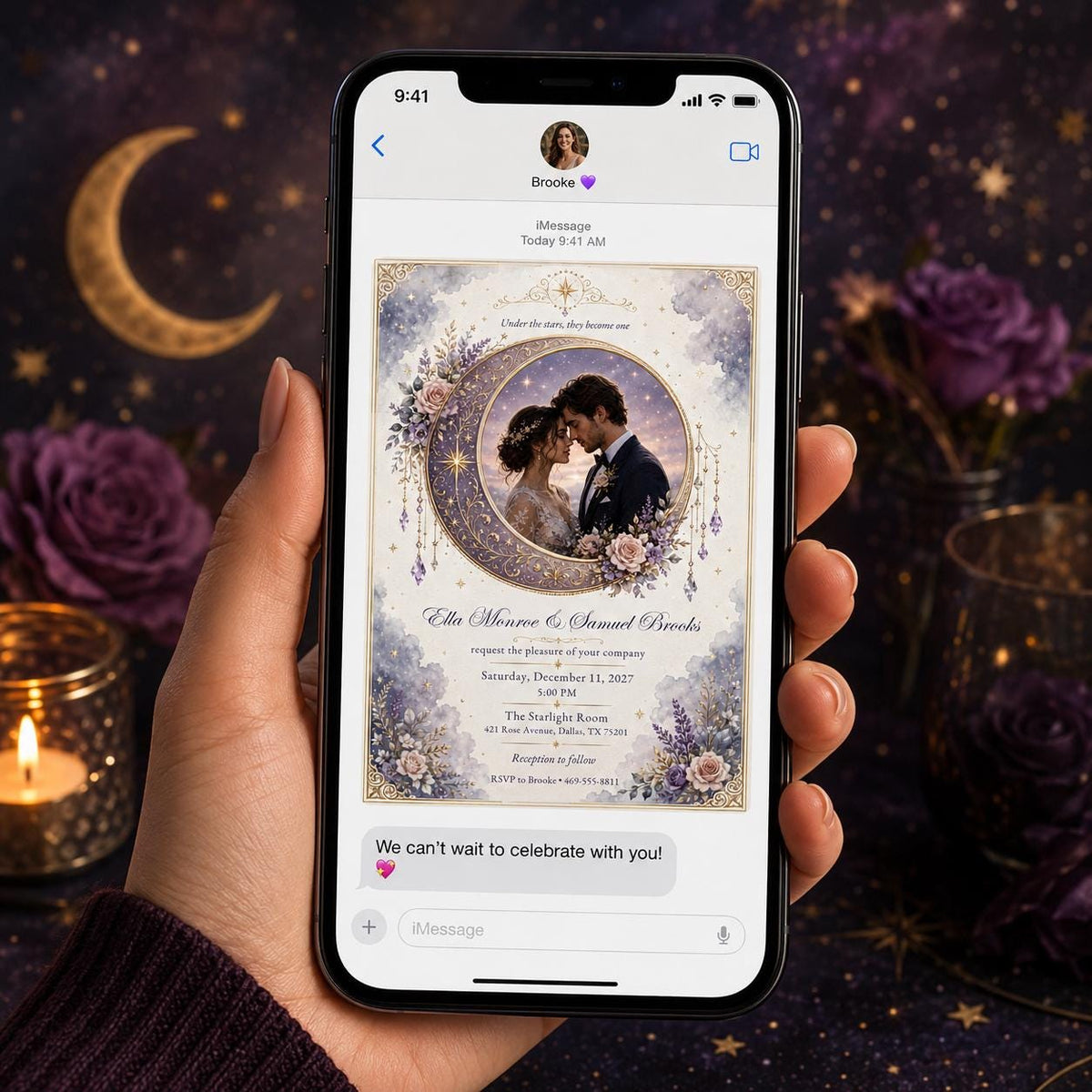 Lavender and Gold Celestial Wedding Invitation — print-ready wedding design from VoltBy