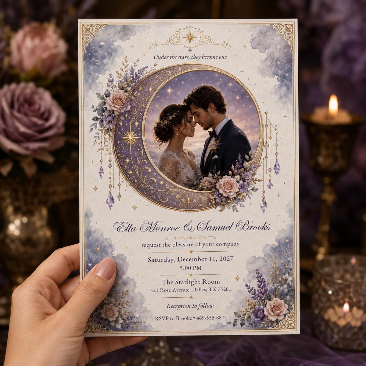 Lavender and Gold Celestial Wedding Invitation — digital invitation, instant download