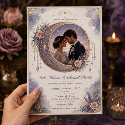 Lavender and Gold Celestial Wedding Invitation — digital invitation, instant download