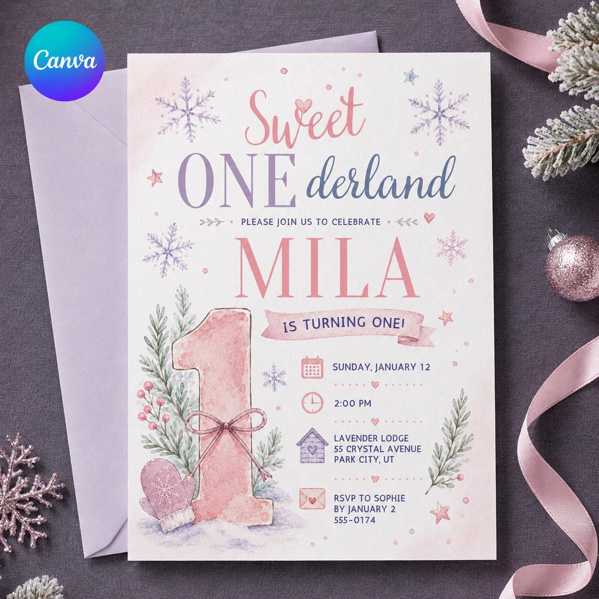 Lavender and Pink Winter ONEderland First Birthday Invitation for — editable Canva template