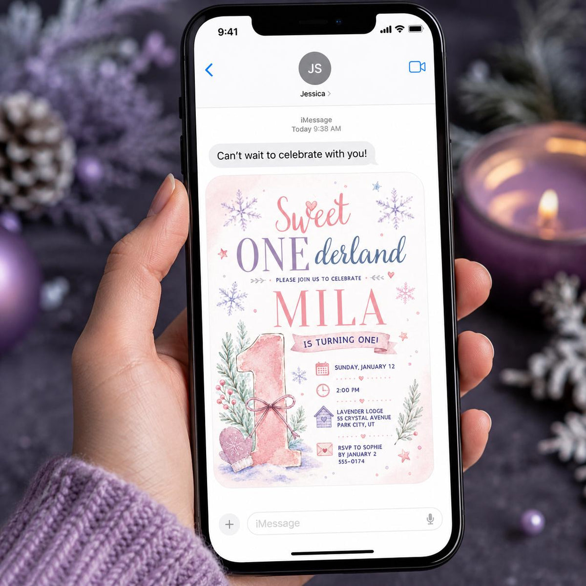 Lavender and Pink Winter ONEderland First Birthday Invitation for — snowflake design