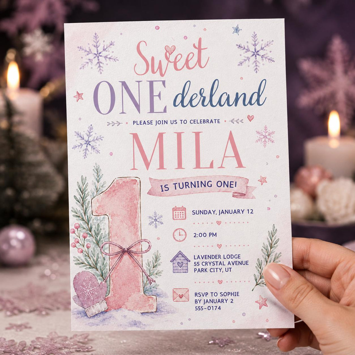 Lavender and Pink Winter ONEderland First Birthday Invitation for — invitation you personalize in Canva