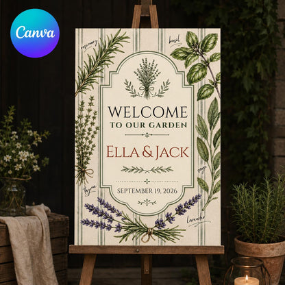 Lavender Botanical Garden Wedding Welcome Sign — editable Canva template