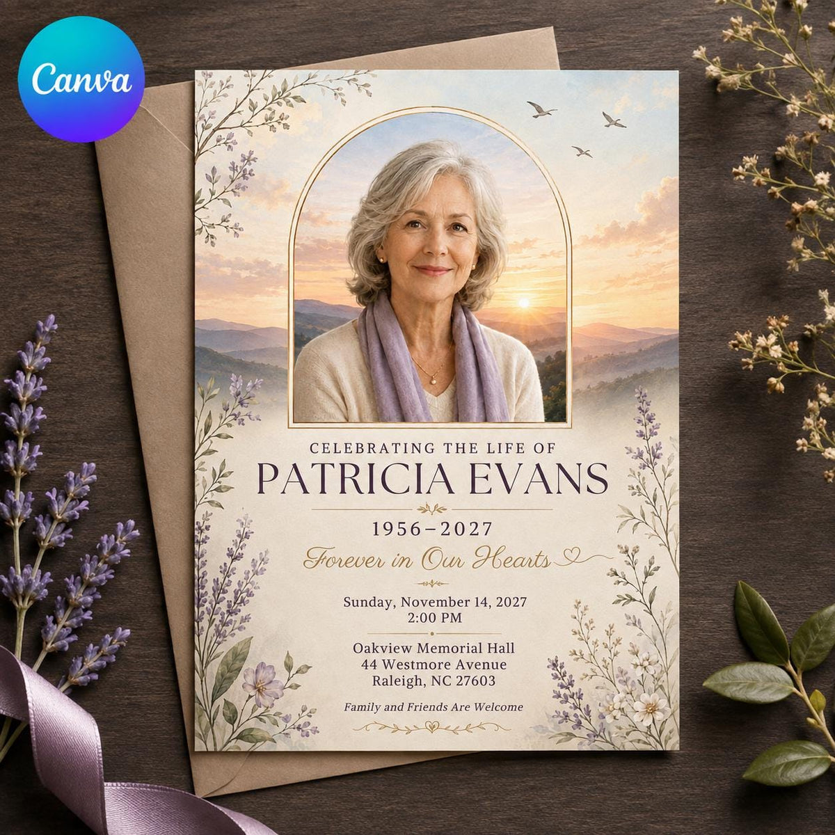 Lavender Elegant Celebration of Life Invitation — editable Canva template