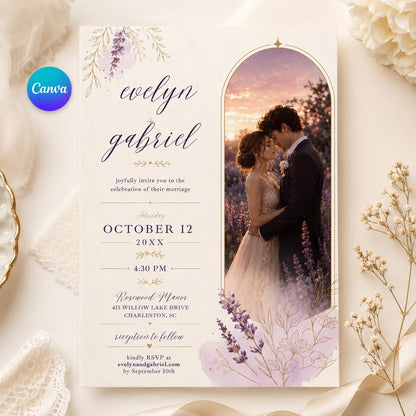 Lavender Elegant Wedding Invitation — editable Canva template