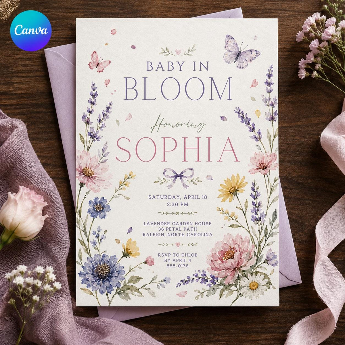Lavender Floral Baby in Bloom Baby Shower Invitation — editable Canva template