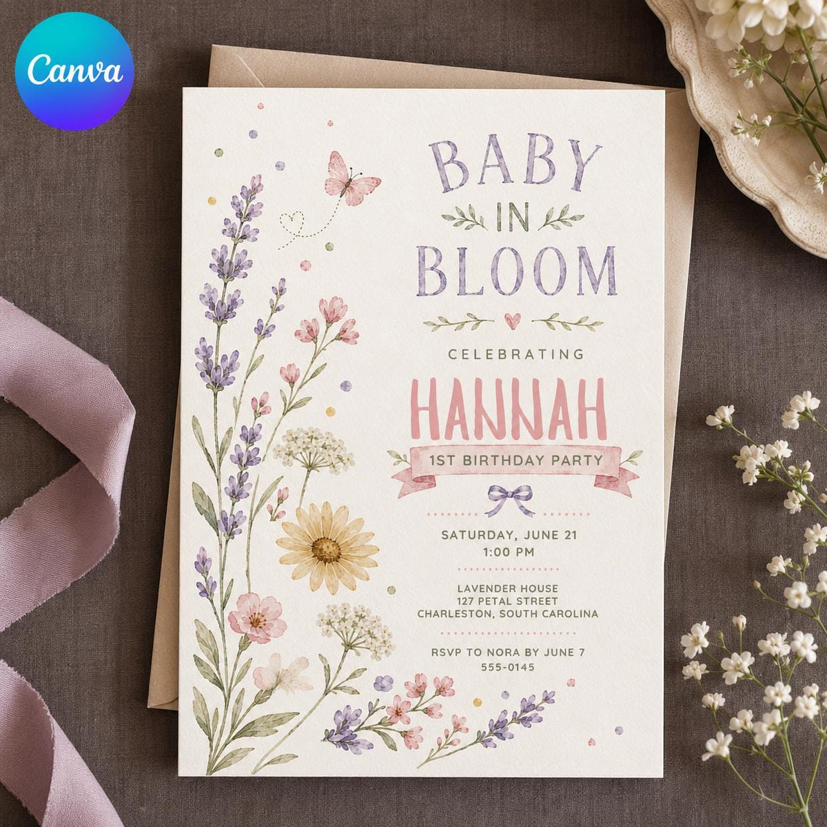 Lavender Floral Baby in Bloom First Birthday Invitation — editable Canva template