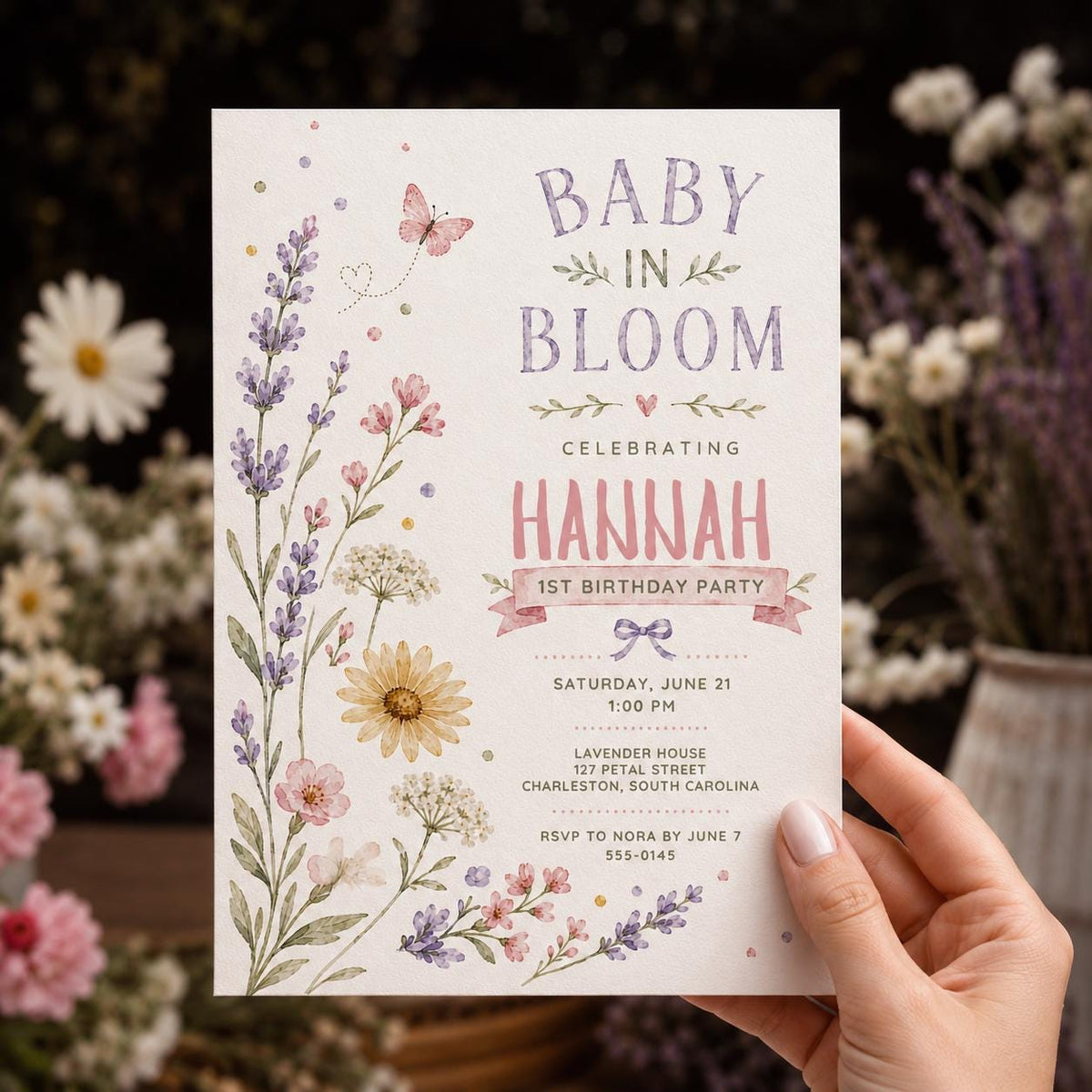 Lavender Floral Baby in Bloom First Birthday Invitation — invitation you personalize in Canva