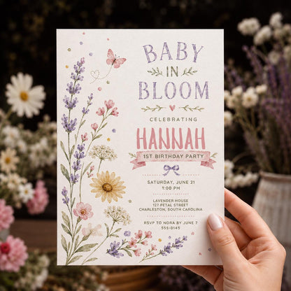 Lavender Floral Baby in Bloom First Birthday Invitation — invitation you personalize in Canva