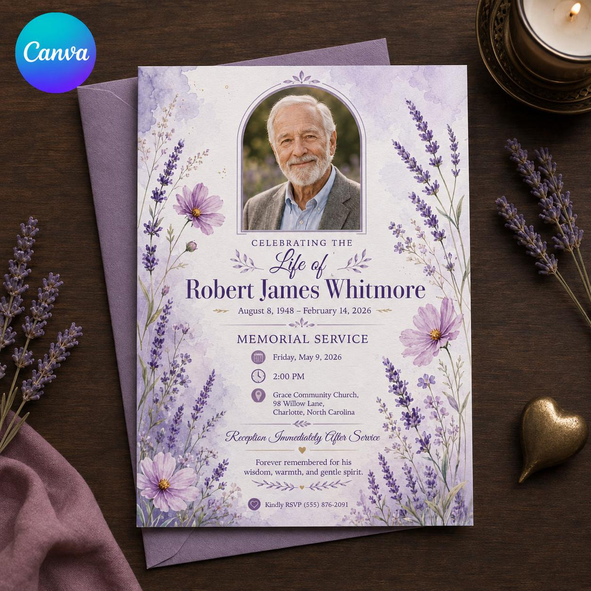 Lavender Floral Memorial Service Invitation — editable Canva template