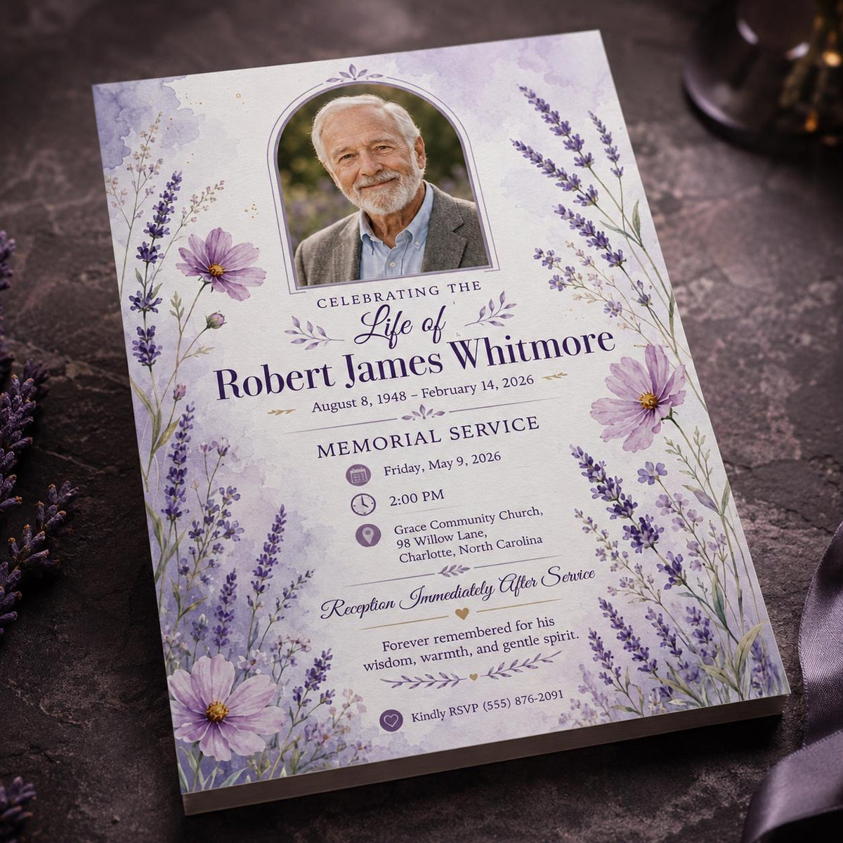Lavender Floral Memorial Service Invitation — invitation you personalize in Canva