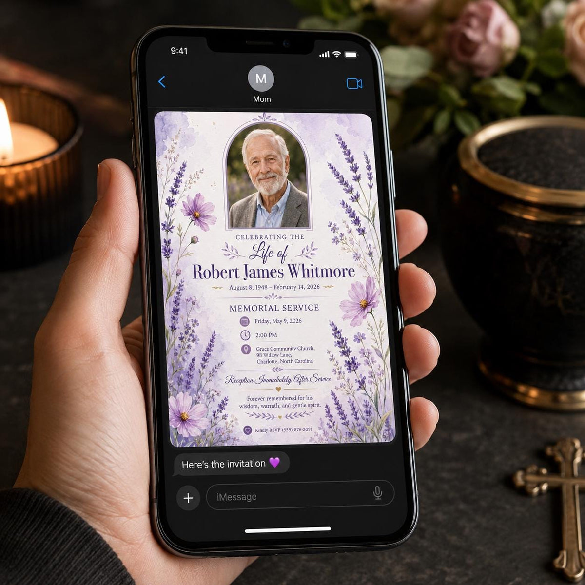 Lavender Floral Memorial Service Invitation — print-ready celebration of life design from VoltBy