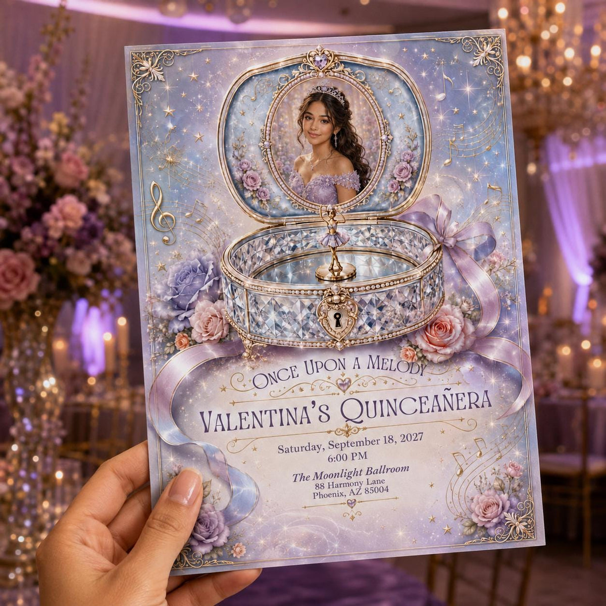 Lavender Floral Quinceanera Invitation — music design