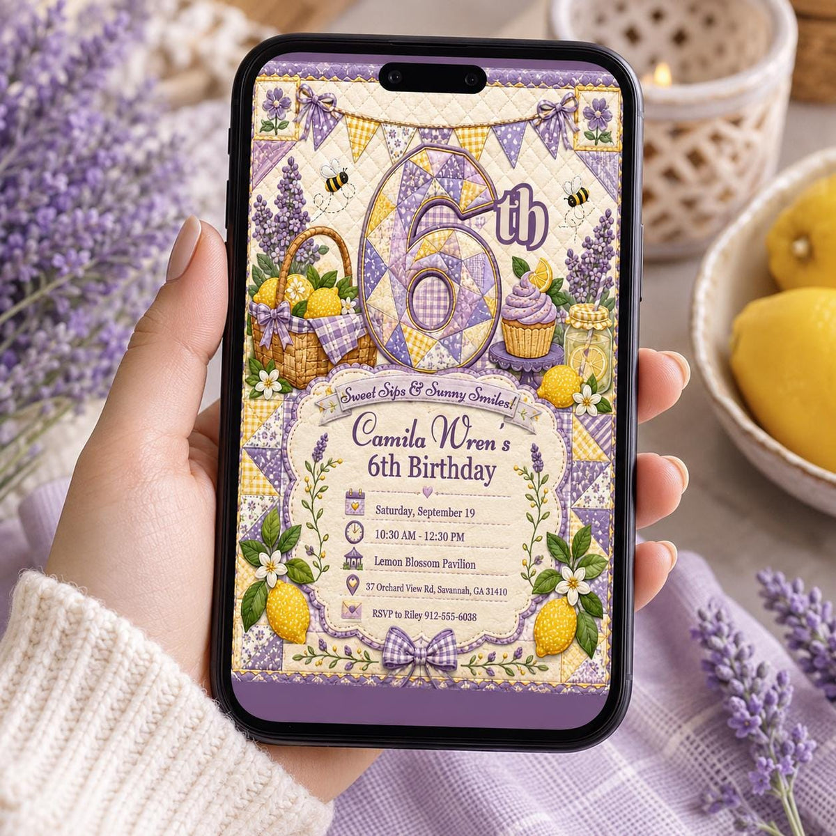 Lavender Lemon 6th Birthday Invitation for Girls — invitation you personalize in Canva