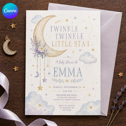 Lavender Moon and Clouds Twinkle Star Baby Shower Invitation — editable Canva template