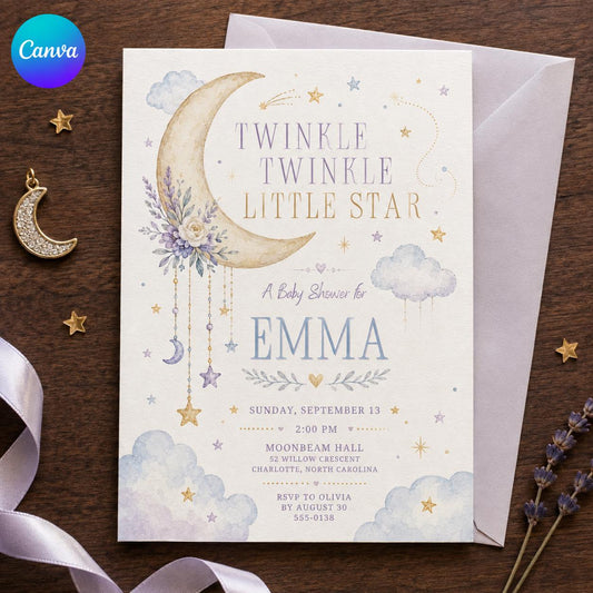 Lavender Moon and Clouds Twinkle Star Baby Shower Invitation — editable Canva template