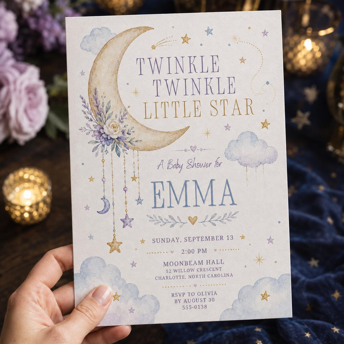 Lavender Moon and Clouds Twinkle Star Baby Shower Invitation — celestial design