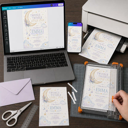Lavender Moon and Clouds Twinkle Star Baby Shower Invitation — invitation you personalize in Canva