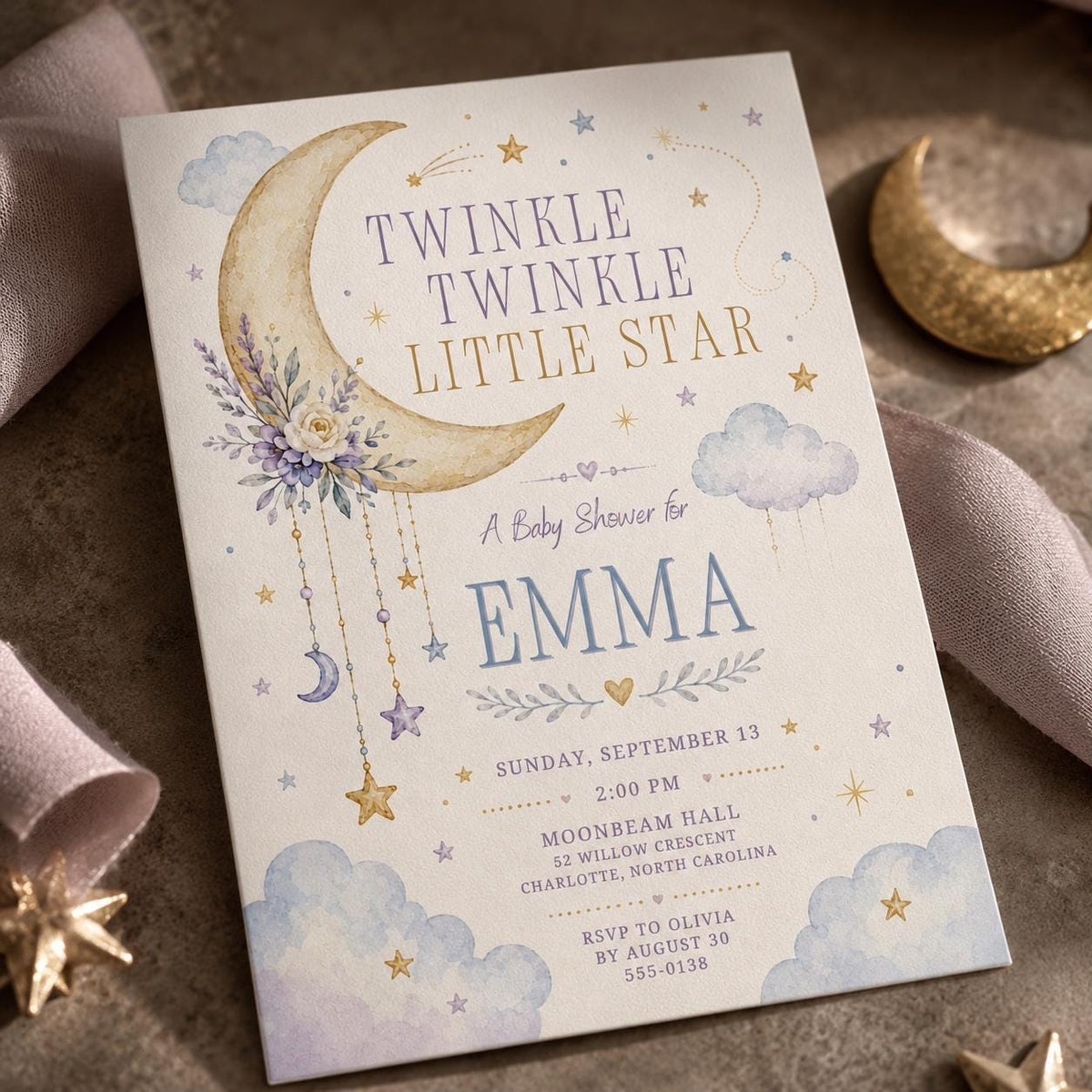 Lavender Moon and Clouds Twinkle Star Baby Shower Invitation — celestial artwork in gold