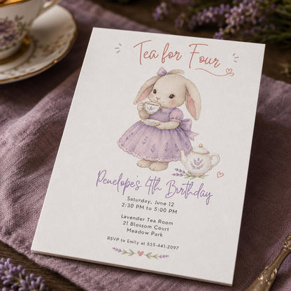 Lavender Watercolor Bunny Tea Party Invitation for Girls — print-ready 4th birthday party design from VoltBy
