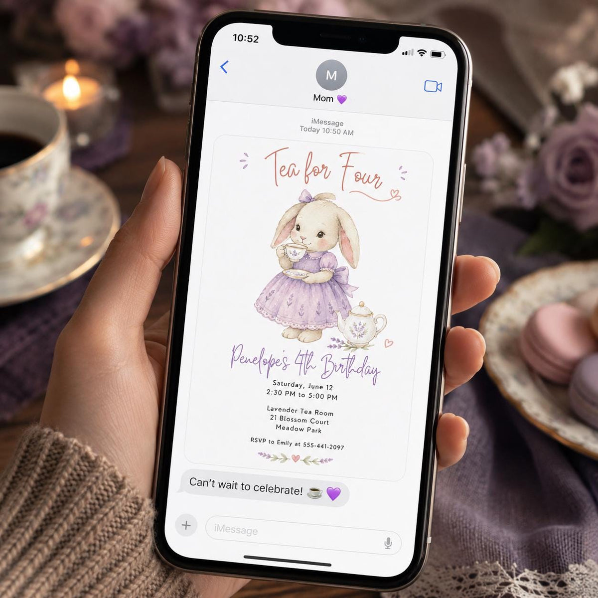 Lavender Watercolor Bunny Tea Party Invitation for Girls — digital invitation, instant download