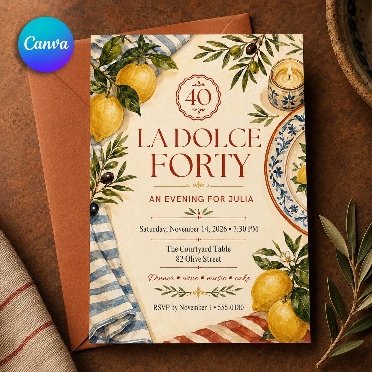 Lemon 40th Birthday Invitation — editable Canva template