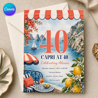 Lemon Capri 40th Birthday Invitation — editable Canva template