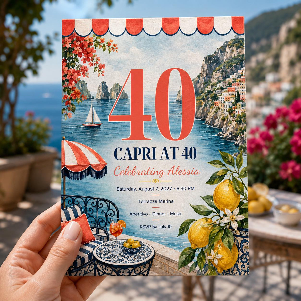 Lemon Capri 40th Birthday Invitation — print-ready 40th birthday party design from VoltBy