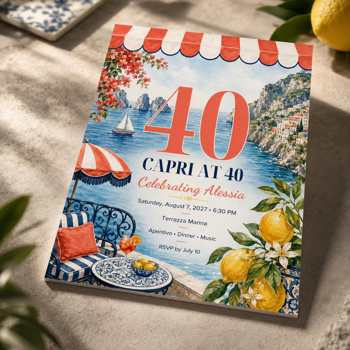 Lemon Capri 40th Birthday Invitation — 40th birthday party stationery by VoltBy