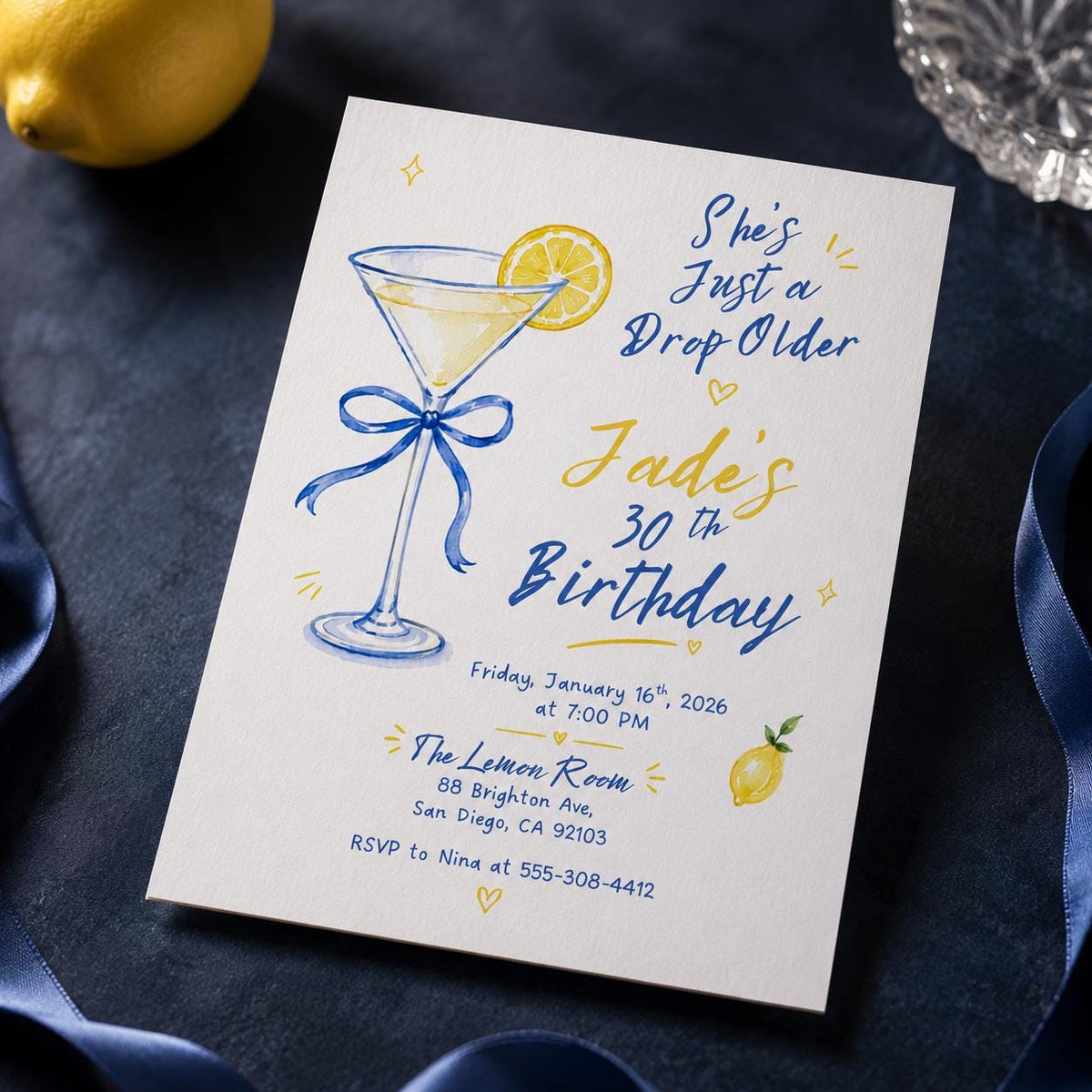 Lemon Martini 30th Birthday Invitation — cocktail design