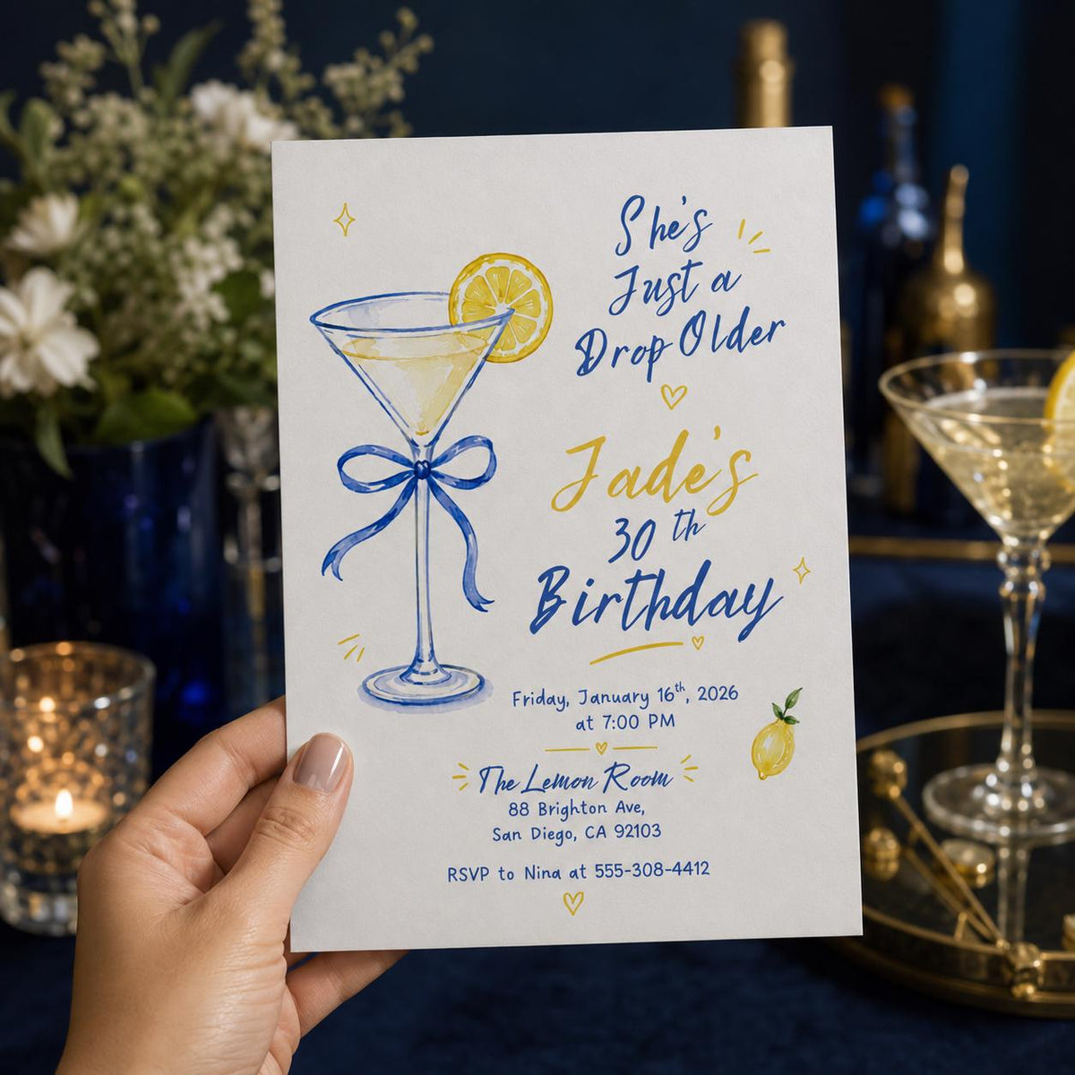 Lemon Martini 30th Birthday Invitation — print-ready 30th birthday party design from VoltBy