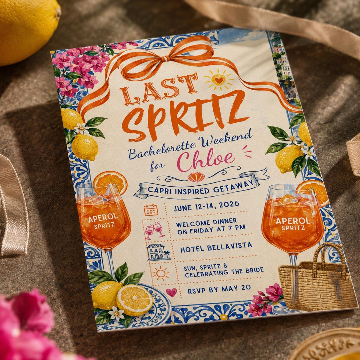 Lemon Spritz Bachelorette Invitation — print-ready bachelorette party design from VoltBy