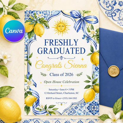 Lemon Tile Freshly Graduated Invitation — editable Canva template