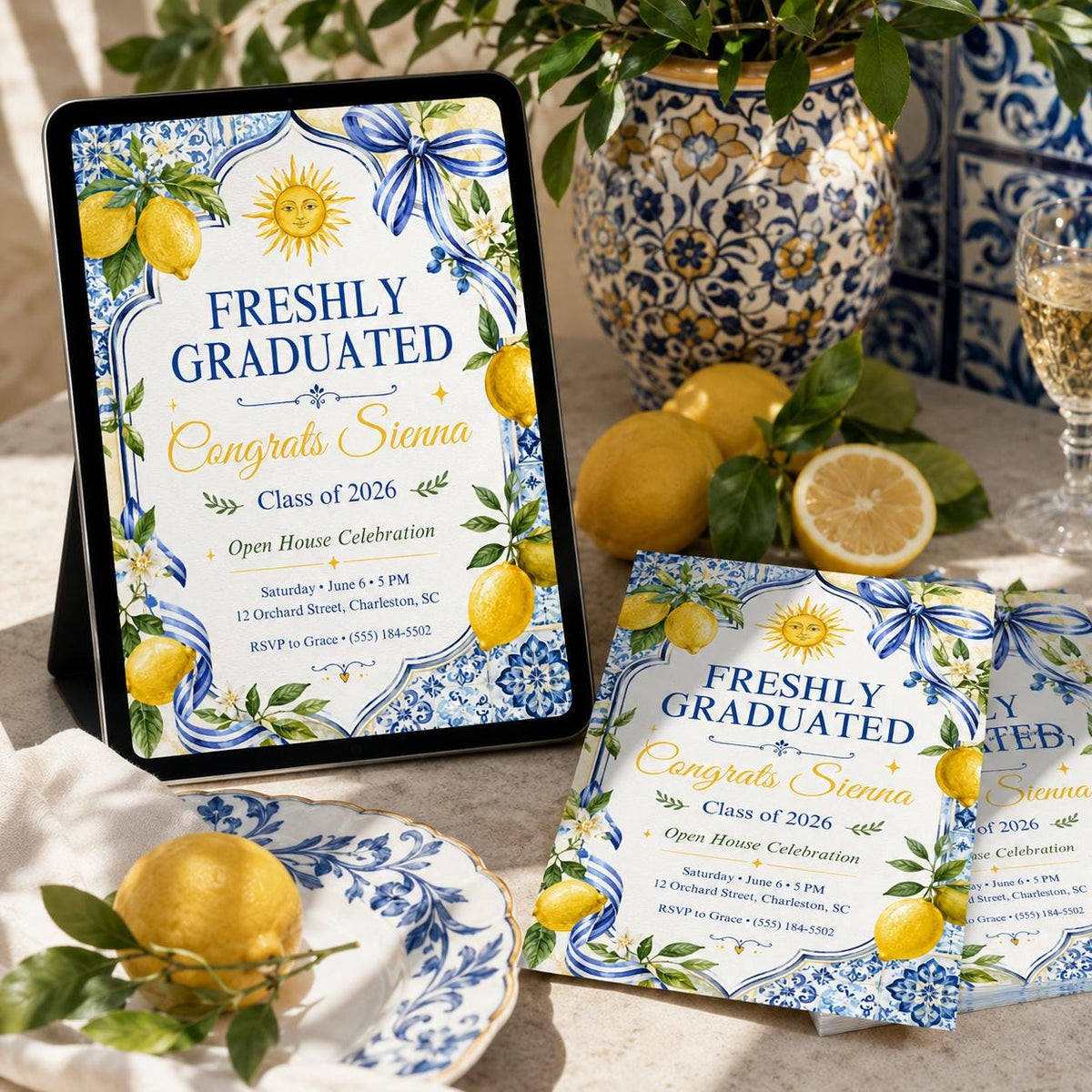 Lemon Tile Freshly Graduated Invitation in blue and white