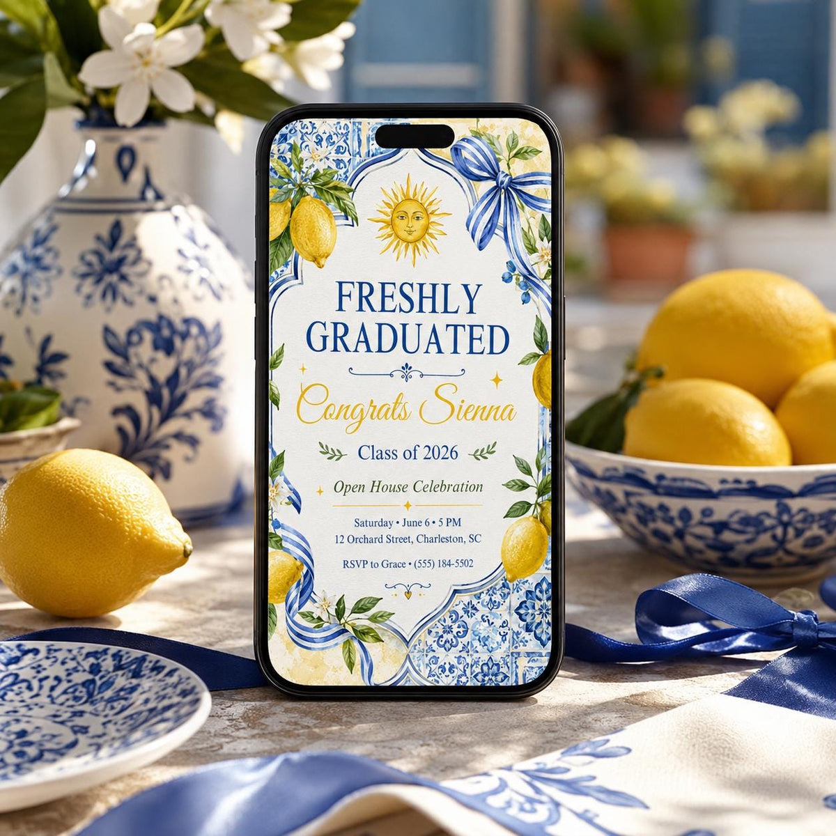Lemon Tile Freshly Graduated Invitation — bow design